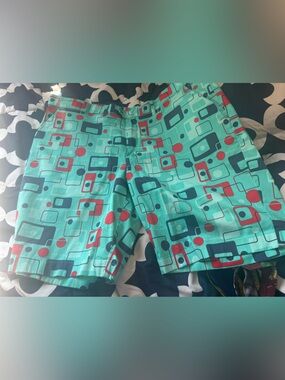 Loudmouth Teal Geometric Print Shorts with Red Accents